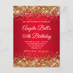Invitation Carte Postale Anniversaire 50 ans ombré rouge vif paillettes dor