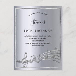 Invitation Carte Postale Anniversaire argent musique métal notes