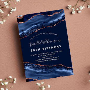 Invitation Carte Postale Anniversaire bleu agate marbre rose or