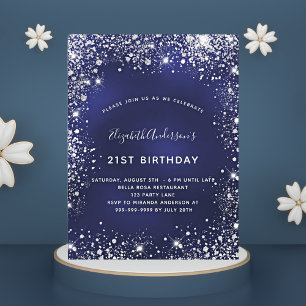 Invitation Carte Postale Anniversaire bleu marine argent parties scintillan