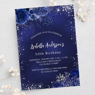 Invitation Carte Postale Anniversaire bleu marine fleurs argent éclat