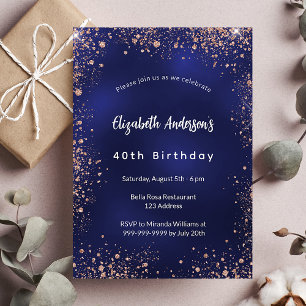 Invitation Carte Postale Anniversaire bleu marine rose or scintille glamour
