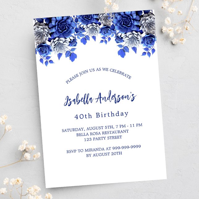 Invitation Carte Postale Anniversaire bleu royal fleurs blanches (Créateur téléchargé)