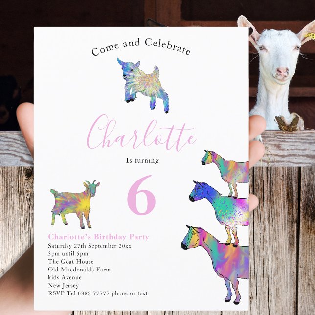 Invitation Carte Postale Anniversaire de enfant de chèvre rose (Colorful Farm animal art cute goats themed 6th birthday party invitation )
