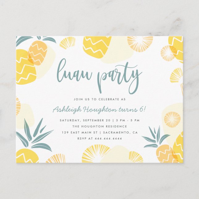 Invitation Carte Postale Anniversaire de l'ananas jaune doux Luau (Devant)