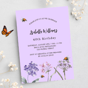Invitation Carte Postale Anniversaire fleur sauvage violet abeille rose