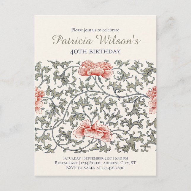 Invitation Carte Postale Anniversaire Floral William Morris style CC1282 (Devant)