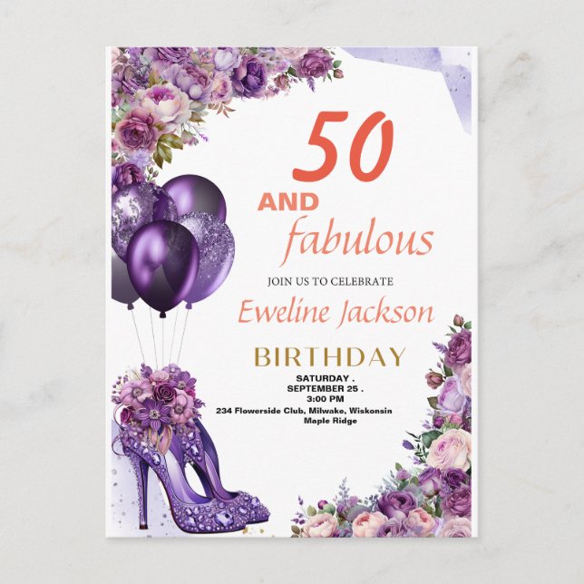 Invitation Carte Postale Anniversaire mou Kawaii violet (Devant)