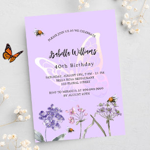 Invitation Carte Postale Anniversaire papillon violet fleur sauvage rose