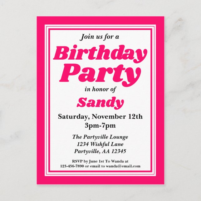 Invitation Carte Postale Anniversaire rose classique pour adultes (Devant)