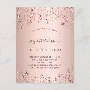 Invitation Carte Postale Anniversaire rose or étoiles princier girly