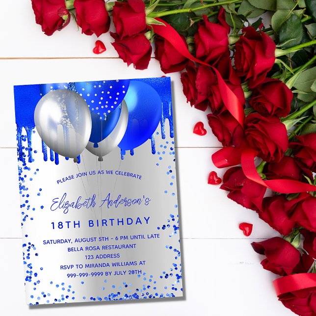 Invitation Carte Postale Anniversaire royal bleu argent ballons scintillant (Créateur téléchargé)