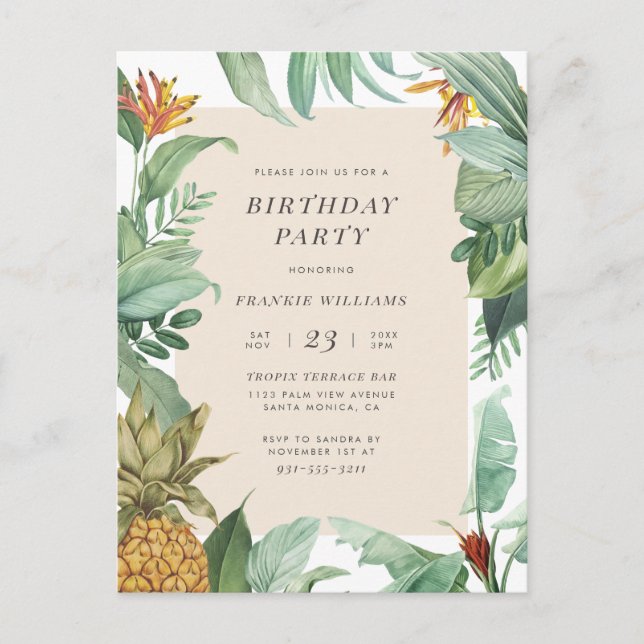 Invitation Carte Postale Anniversaire tropical botanique d'été ananas (Devant)