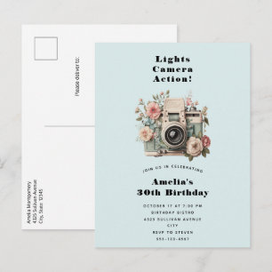 Invitation Carte Postale Appareil photo avec fleurs Image rétro pastel Anni