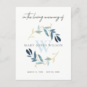 INVITATION CARTE POSTALE AQUA BLUE GOLD FOLIAGE WREATT MERCI MÉMORIAL