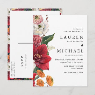 Invitation Carte Postale Aquarelle Amaryllis Rouge et Fleurs d'Automne pour