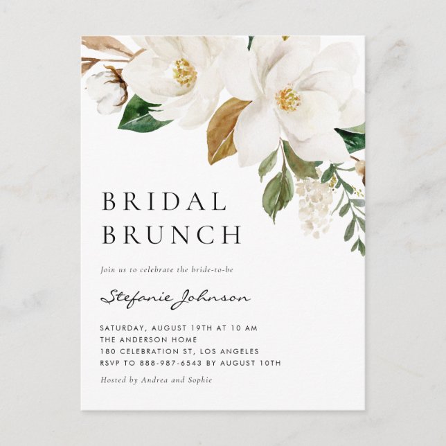 Invitation Carte Postale Aquarelle Blanc Magnolia Rustique Bridal Brunch (Devant)