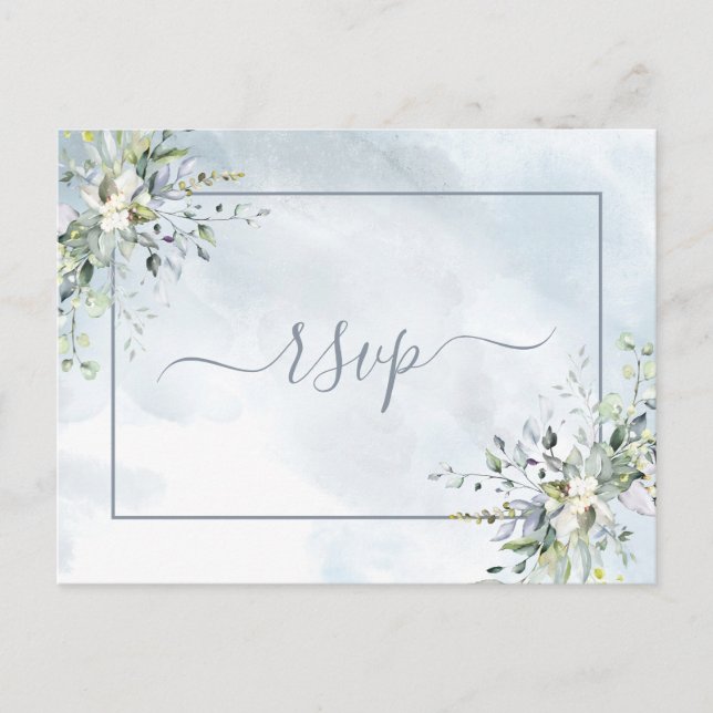 Invitation Carte Postale Aquarelle bleu Dusty Botanical Greenery RSVP (Devant)