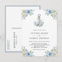 Aquarelle Bleu Floral Ancre Nautique Mariage