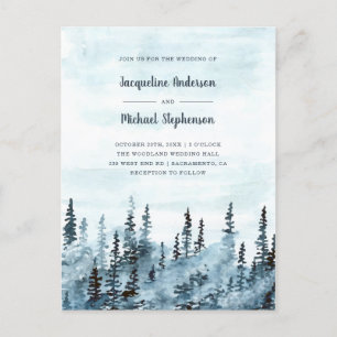 Invitation Carte Postale Aquarelle bleue Hiver Mariage forestier