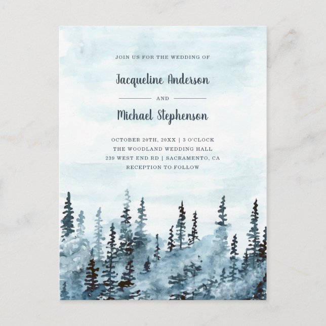 Invitation Carte Postale Aquarelle bleue Hiver Mariage forestier (Devant)