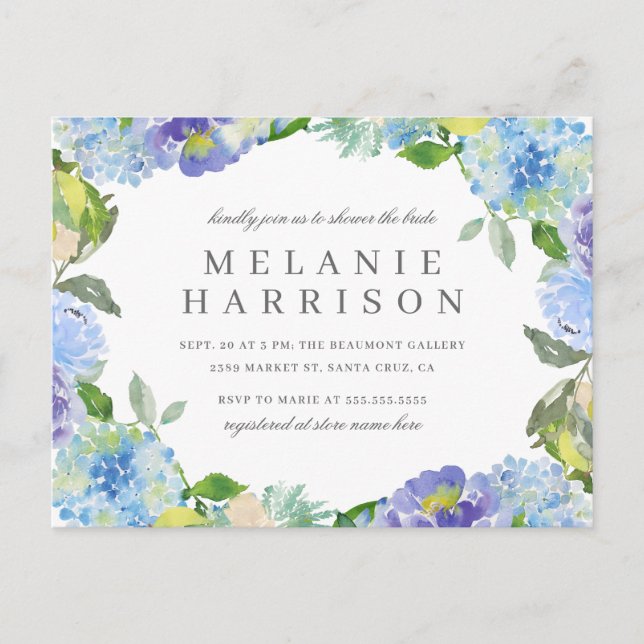 Invitation Carte Postale Aquarelle bleue Hydrangea Fête des mariées de cour (Devant)