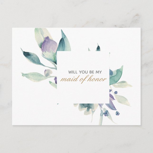 Invitation Carte Postale Aquarelle bleue Rose Floral Maid of Honor (Devant)