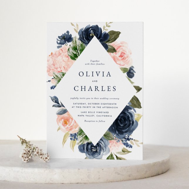 Invitation Carte Postale Aquarelle Blush et Marine Floral Frame Mariage (Watercolor Blush and Navy Floral Frame Wedding Invitation Postcard)