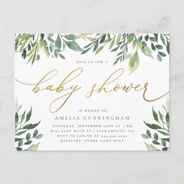 Invitation Carte Postale Aquarelle Botanique Baby shower de calligraphie or (Devant)