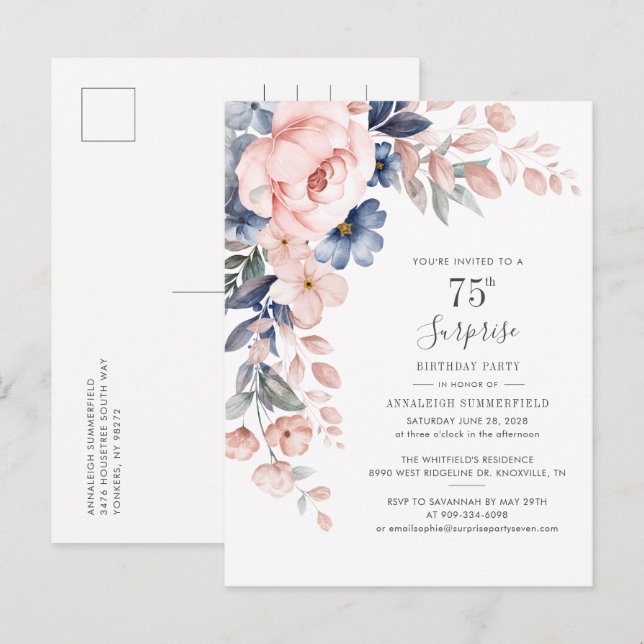 Invitation Carte Postale Aquarelle botanique rose 75e anniversaire (Devant / Derrière)