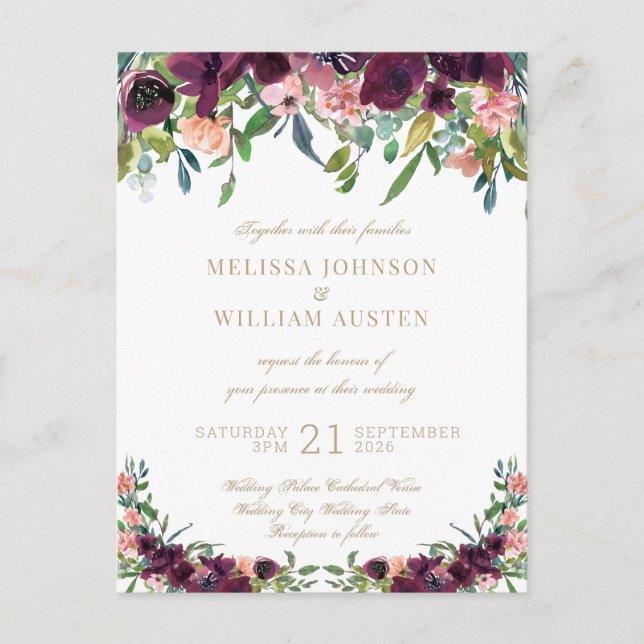 Invitation Carte Postale Aquarelle Bourgogne Blanc Or Mariage Floral (Devant)