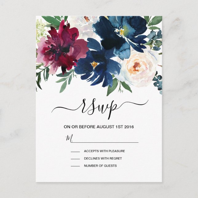Invitation Carte Postale Aquarelle Bourgogne Mariage de fleurs de marine (Devant)