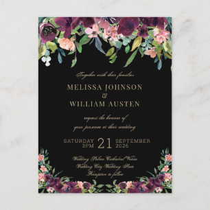 Invitation Carte Postale Aquarelle Bourgogne noir Mariage Floral