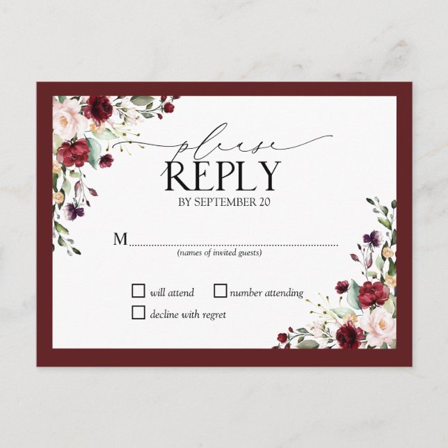 Invitation Carte Postale Aquarelle Burgundy Blush Mariage Floral RSVP Invi (Devant)