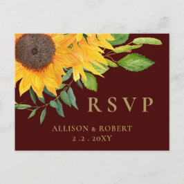 Invitation Carte Postale Aquarelle Burgundy Tournesol Rustique Mariage