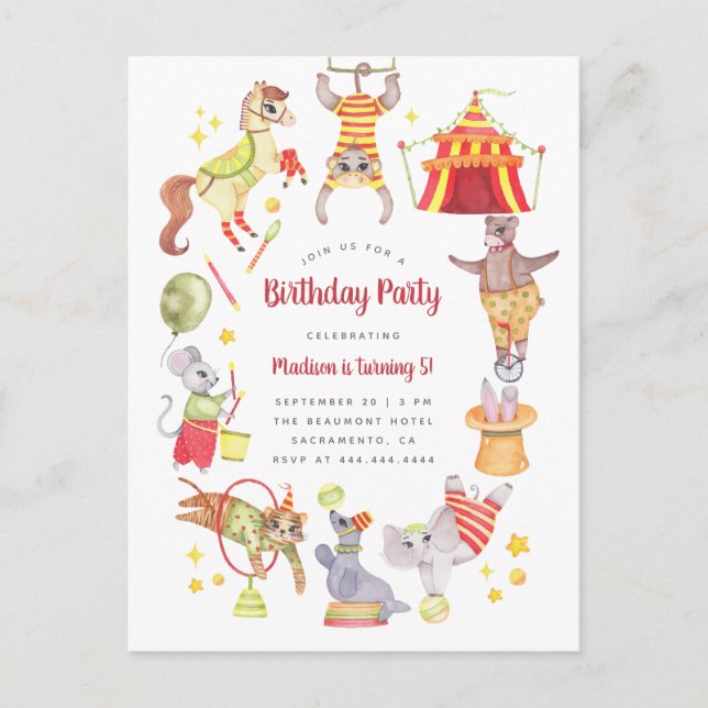 Invitation Carte Postale Aquarelle Carnaval Cirque Anniversaire de enfant a (Devant)