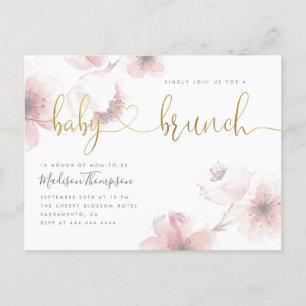 Invitation Carte Postale Aquarelle Cerisier Fleur Or Bébé Brunch Douche