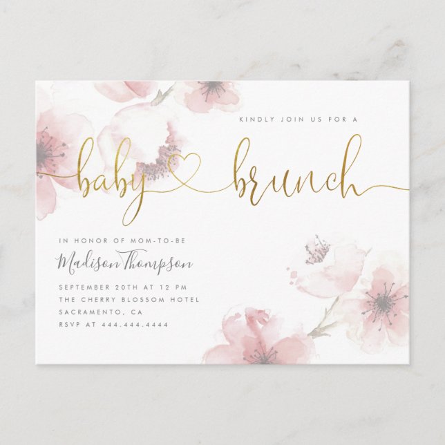 Invitation Carte Postale Aquarelle Cerisier Fleur Or Bébé Brunch Douche (Devant)