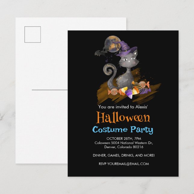Invitation Carte Postale Aquarelle Chat noir avec bonbons, Halloween (Devant / Derrière)