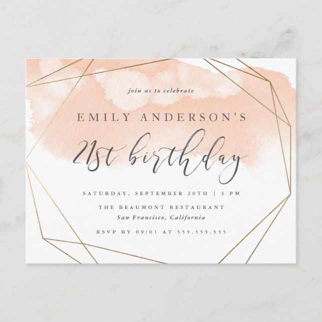 Invitation Carte Postale Aquarelle chic Blush Géométrique 21e anniversaire (Devant)