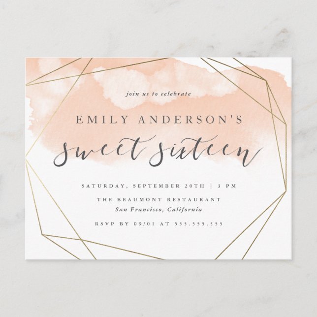 Invitation Carte Postale Aquarelle chic Blush or Géométrique Sweet 16 (Devant)