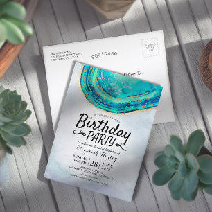 Invitation Carte Postale Aquarelle de fête d'anniversaire Turquoise et Gold
