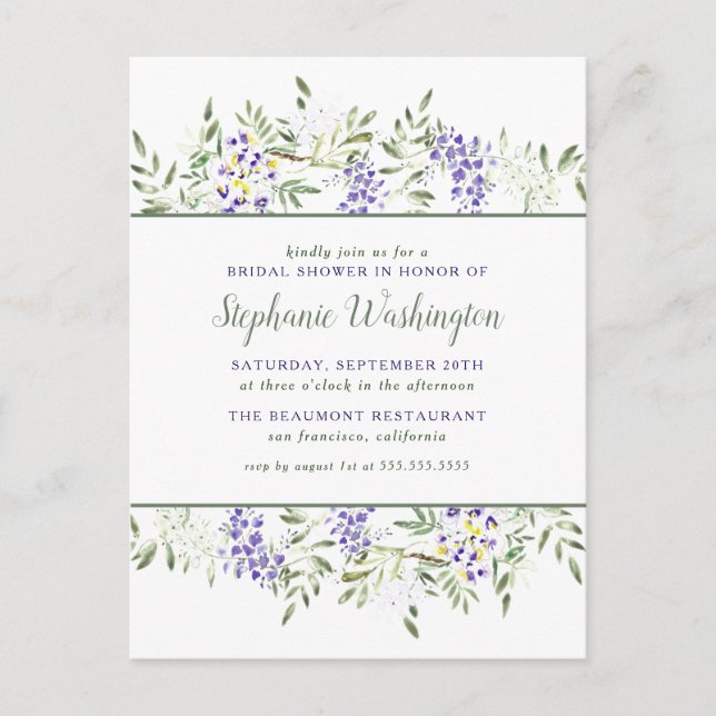 Invitation Carte Postale Aquarelle de la glycine violette Fête des mariées  (Devant)