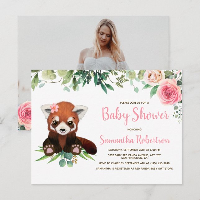 Invitation Carte Postale Aquarelle de l'ours mignonne Baby shower fille ros (Devant / Derrière)
