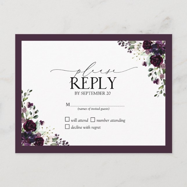 Invitation Carte Postale Aquarelle de prune mauve-mauve Mariage floral RSVP (Devant)