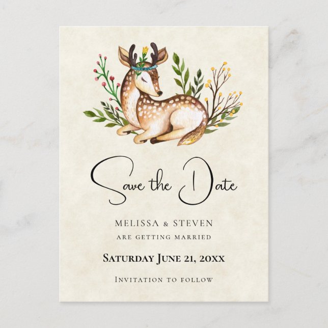 Invitation Carte Postale Aquarelle Deer Laying Down Boho Enregistrer la dat (Devant)