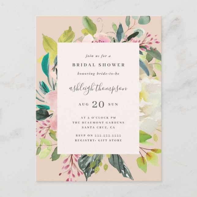 Invitation Carte Postale Aquarelle douce Pastel Fête des mariées florale (Devant)
