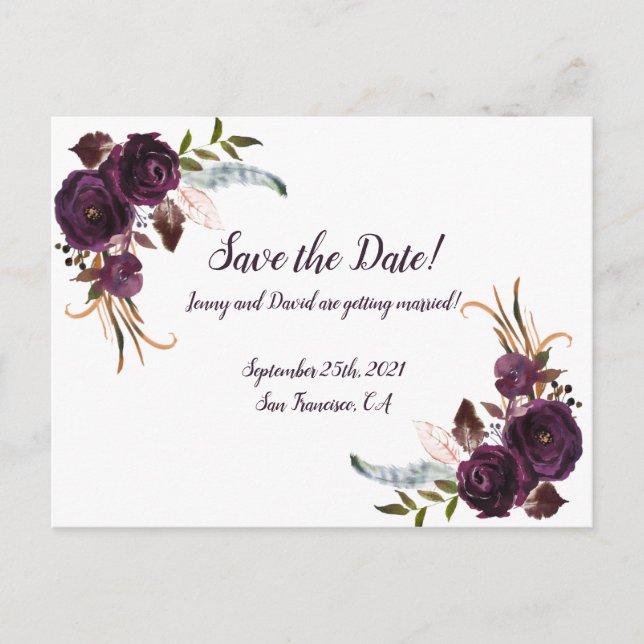 Invitation Carte Postale Aquarelle Eggplant Purple Floral Enregistrer La Da (Devant)