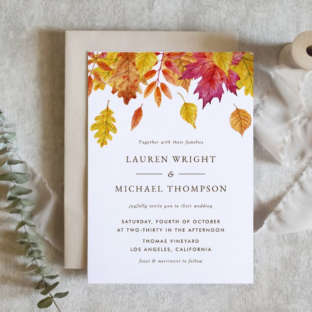Invitation Carte Postale Aquarelle en chute Feuille Automne Mariage QR Code (Rustic Falling Leaves Garland Autumn Wedding Invitation Postcard)