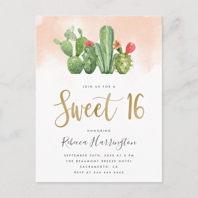 Invitation Carte Postale Aquarelle et cactus doux moderne Blush 16 (Devant)